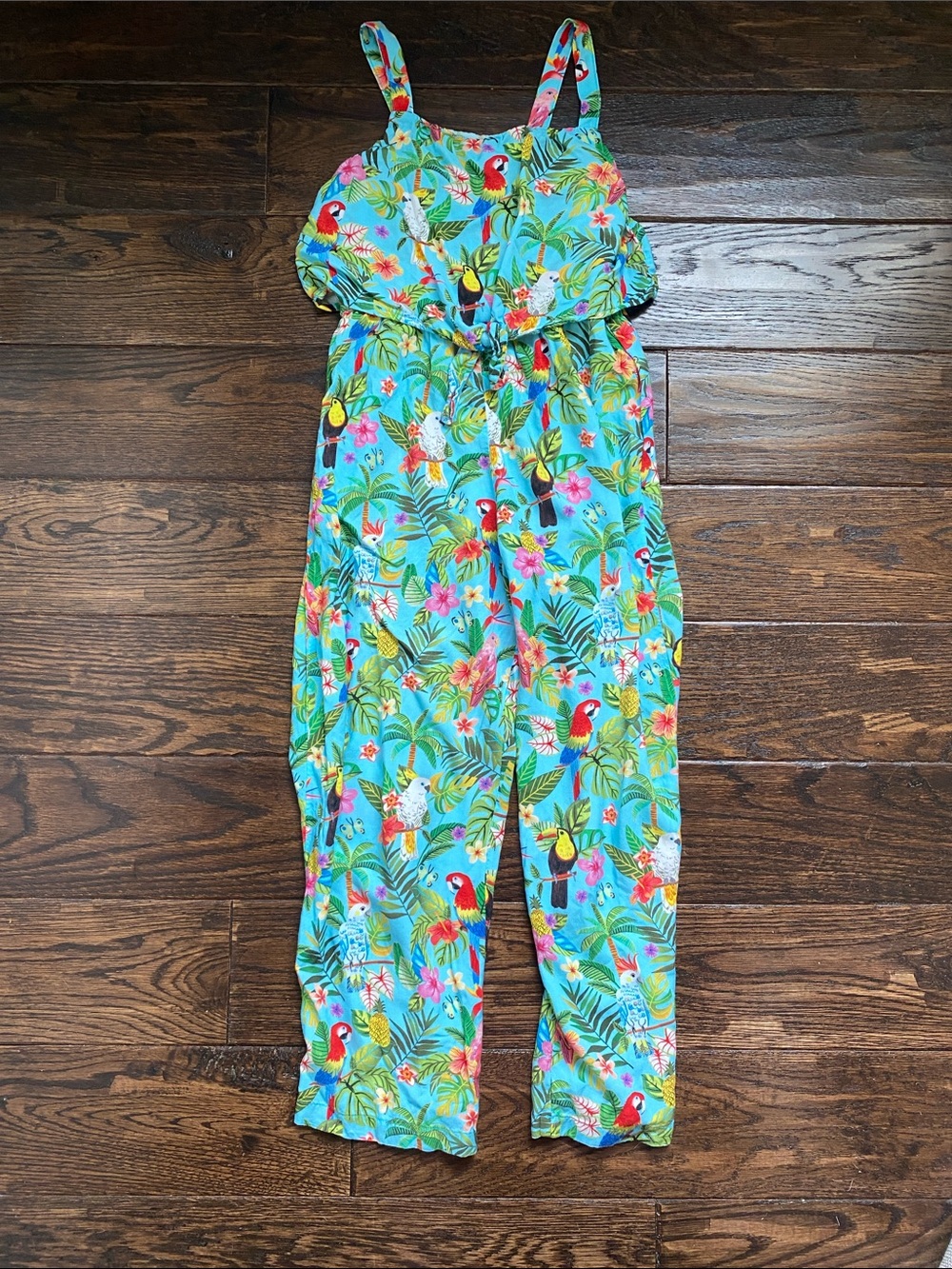 Girls' Tropical Print Blue Jumpsuit with Parrots